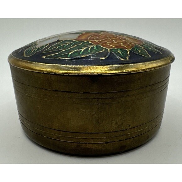 VTG Enameled Brass Bowl Trinket  Box Floral Design, red Orange White Green Blue - Picture 2 of 4